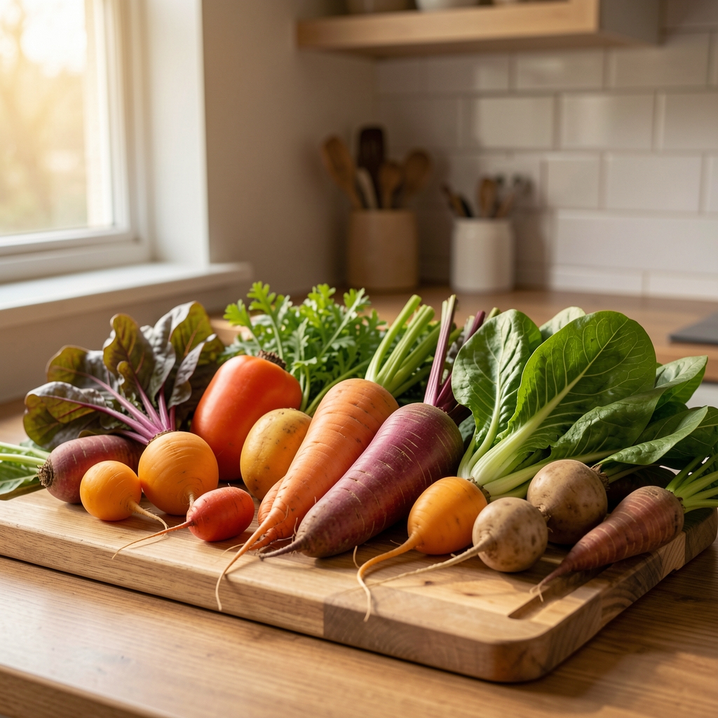 Colourful arrangement of seasonal root vegetables and leafy greens on a kitchen wooden board, warm natural daylight from a side window