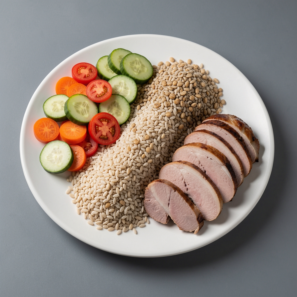Composed plate showing half vegetables, quarter grains and quarter protein laid out on a matte grey surface, studio lighting from the left, food styling without garnish