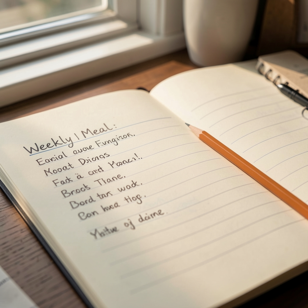 Close-up of an open notebook with handwritten weekly meal plan entries, pencil resting on the page, morning light from a window